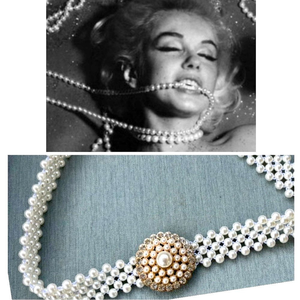 Vintage Pearl Stretch Statement Belt Rhinestone Medallion S M